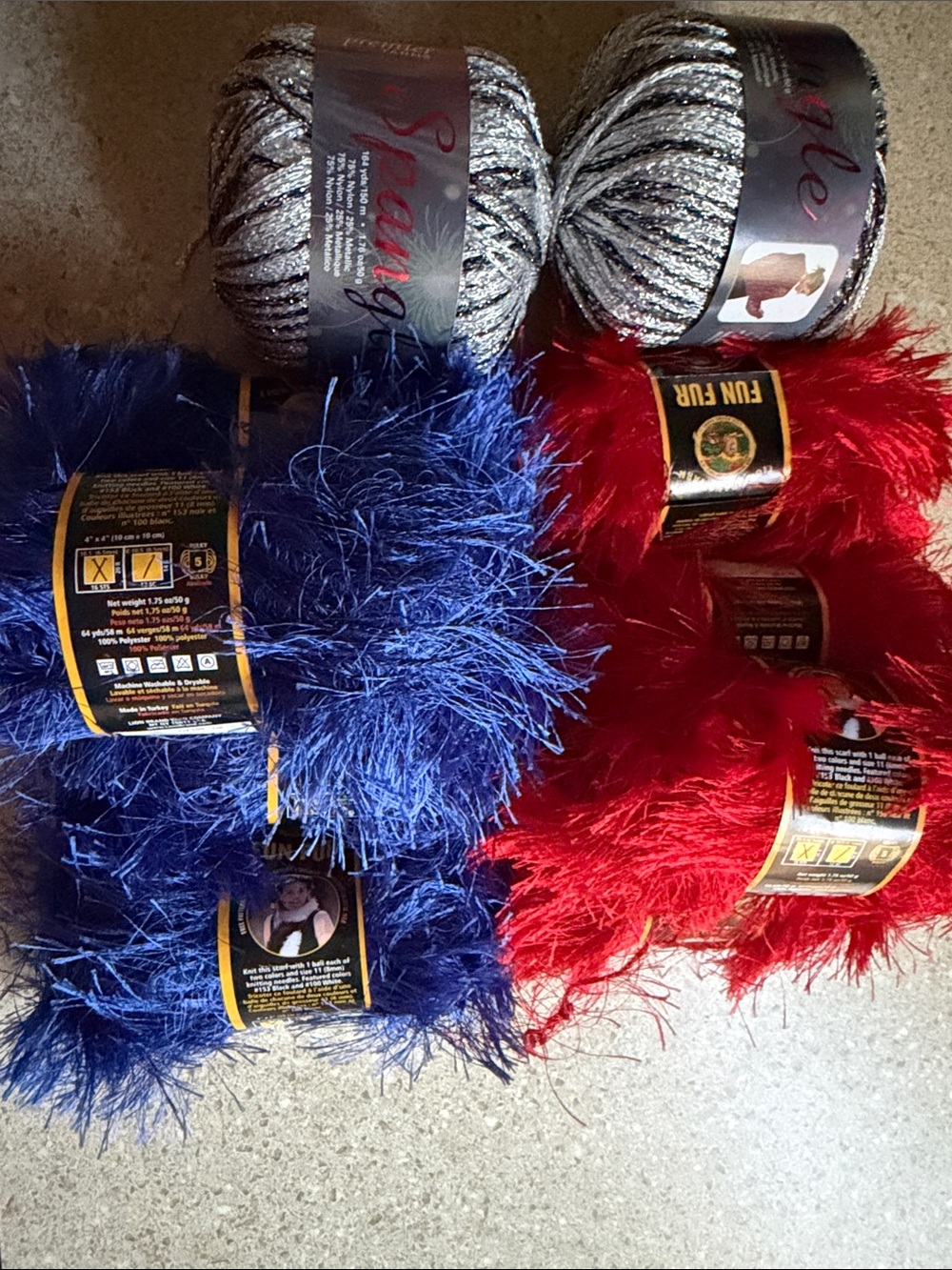 Fun Fur Yarn - 4 Red and 4 Blue & silver Spangle yarn